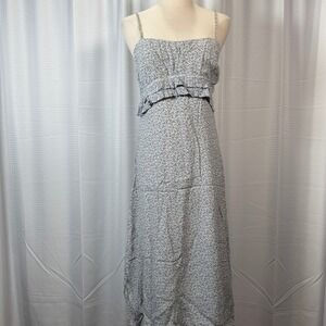 Solai Blue White Ditsy Floral Maxi Dress Ruffle Bust Adjustable Straps Sz Small